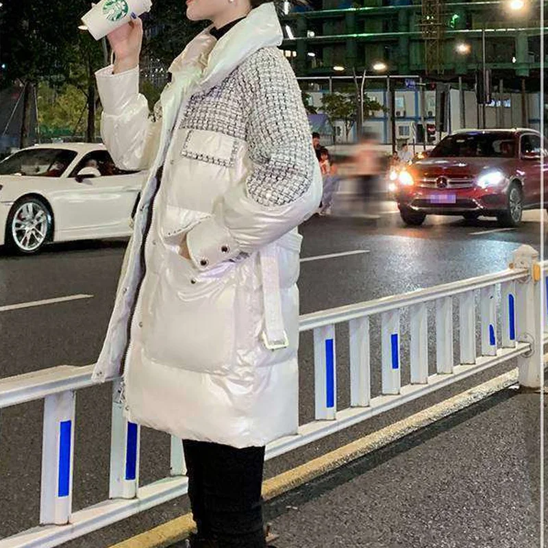 Women's Winter Patchwork Coats with Large Pockets and Belts Mid-length Down Padded Jackets Female Plaid Stitching Thick Jacket