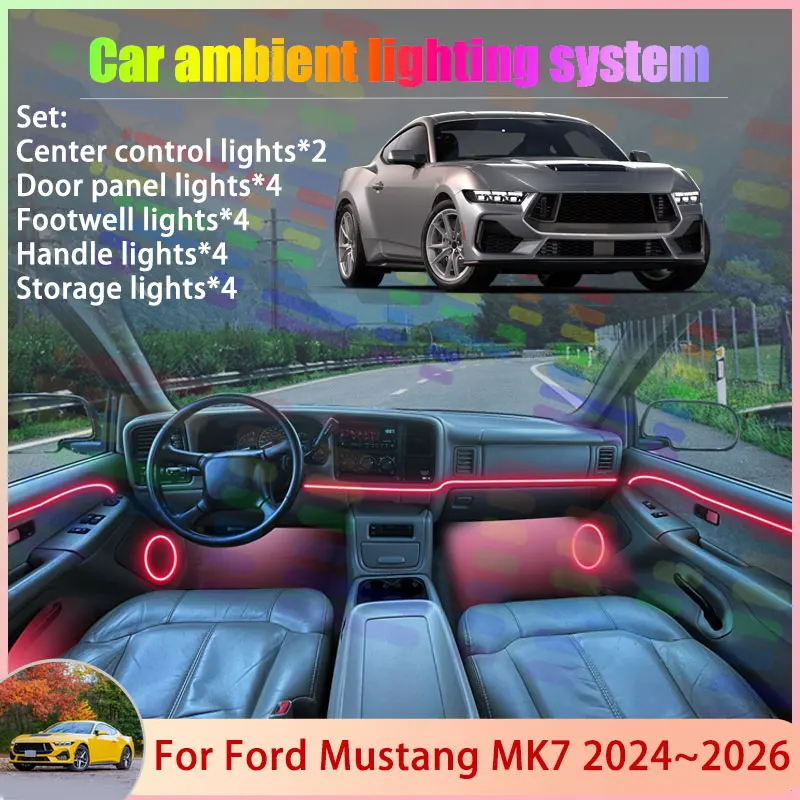 Фото Для Ford Mustang MK7 7th S650 2024 2025 2026 GT 2/18 в 1, автомобильная атмосферная лампа, RGB абажур, ансамбль, стример, атмосферный набор №1