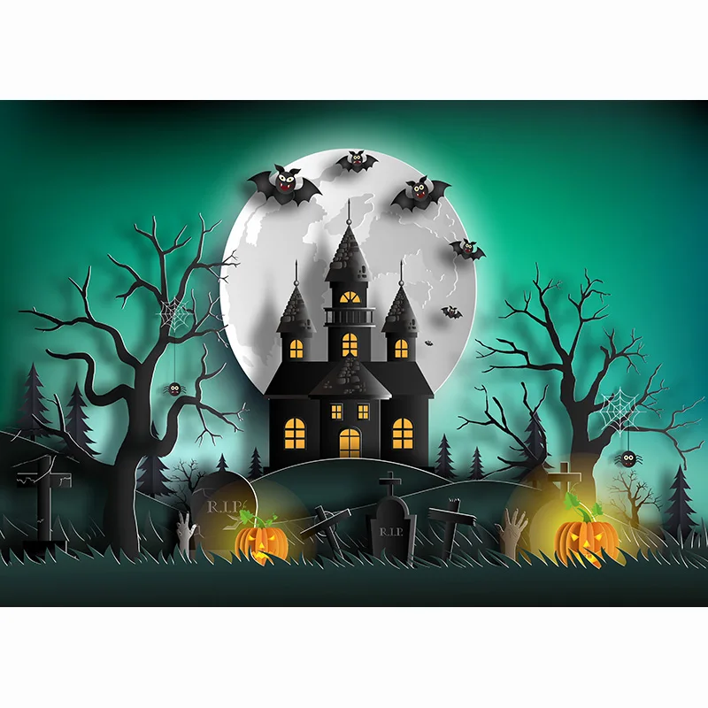 

Vinyl Custom Halloween Backdrops for Photography Cemetery Graveyard Horror Night Shining Pale Moon Kids Adults Background WSJ-01