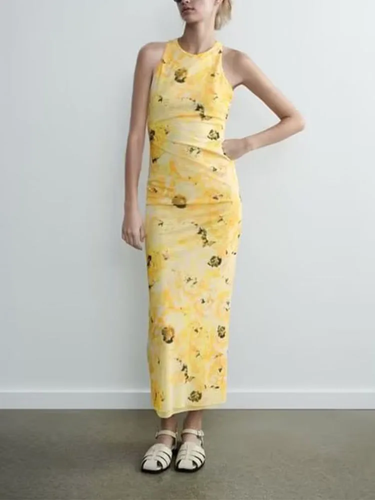 

Summer new women's fashion sweet holiday simple and elegant round neck sleeveless printed tulle yellow slim dress