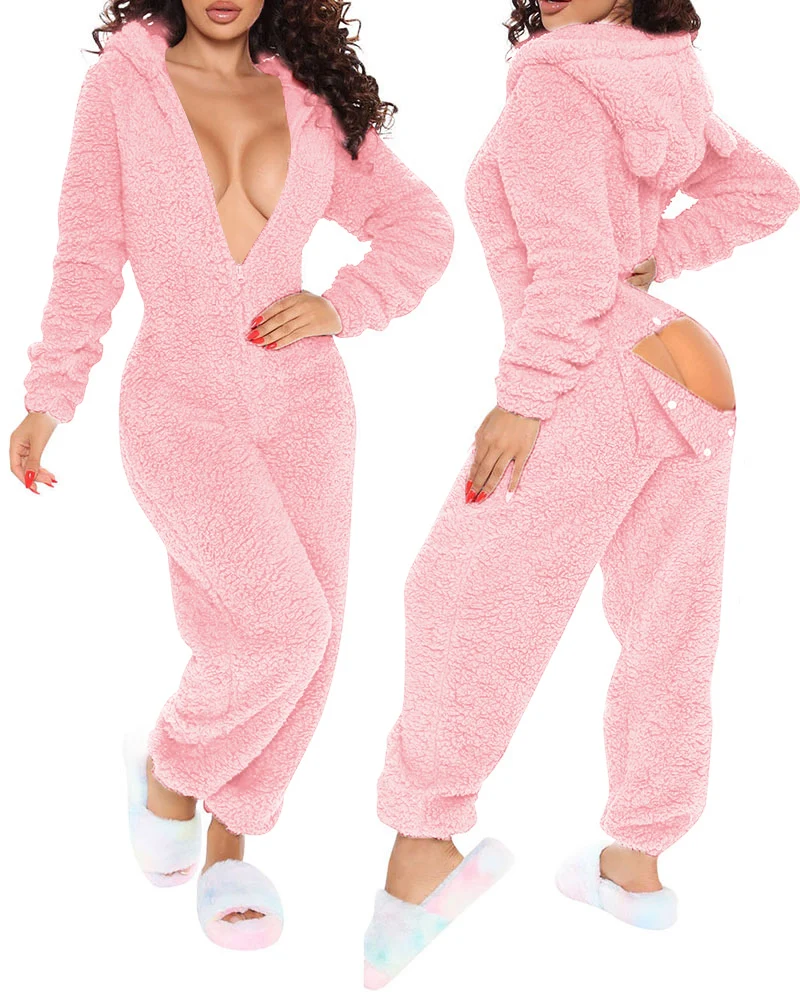 

2022 New Year Sleepwear Home Clothes 3D Ear Buttoned Flap Functional Fluffy Lounge Jumpsuit Hooded Playsuit One Piece Suit Women
