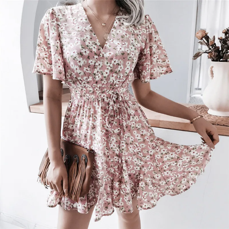 

Dress Women Short Sleeve Midi Retro Printing Side-slit Sexy Skinny Elegant Chiffon Holiday Chic Trendy Tunic French Romance