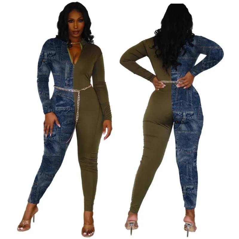 Casual Color Patchwork Jeans Bodysuit Women With Pocket Skinny Long Romper Jumpsuit Overalls