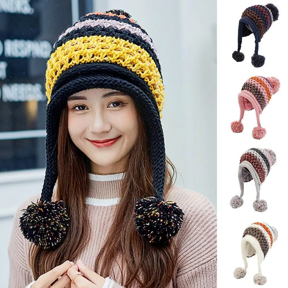 

Women's Woolen Hat Korean Version Of The New Color-blocking Ball Sanmao Hat Fluffy Plus Ball Ear Hat Warm Knitted Protectiv S4k7