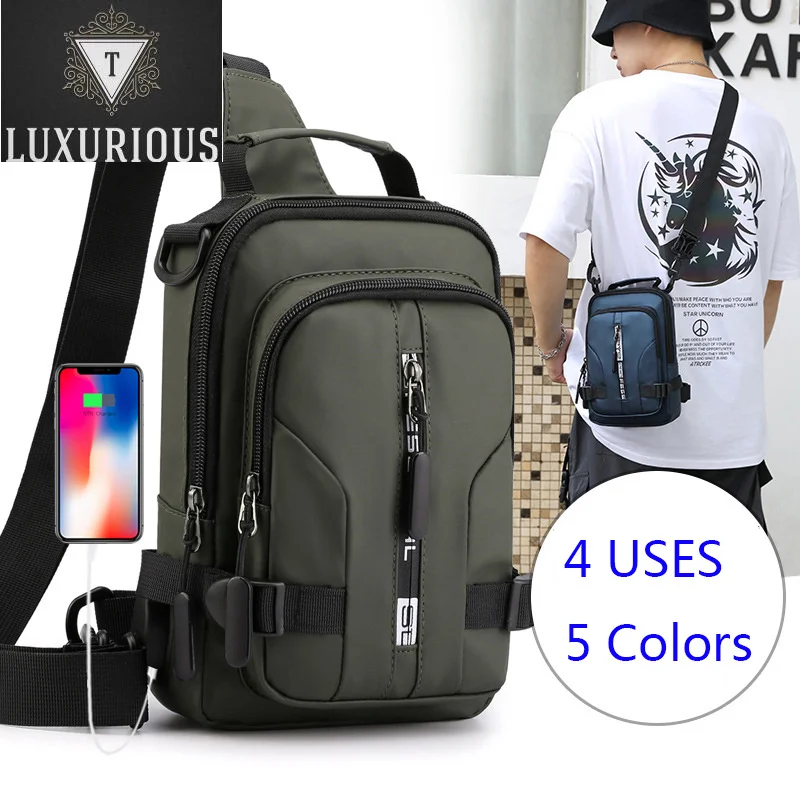 

Men Mini Backpack Sling Cross Body Shoulder Rucksack with USB Charging Port Travel Nylon Male Side Messenger Chest Bag Pack