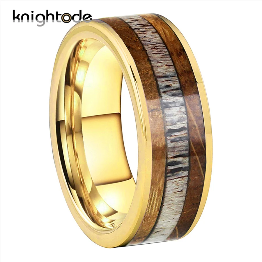 

4 Colors 8mm Mens Tungsten Carbide Ring Deer Antler Between Whiskey Barrel OAK Wood Inlays Flat Band Polished Comfort Fit