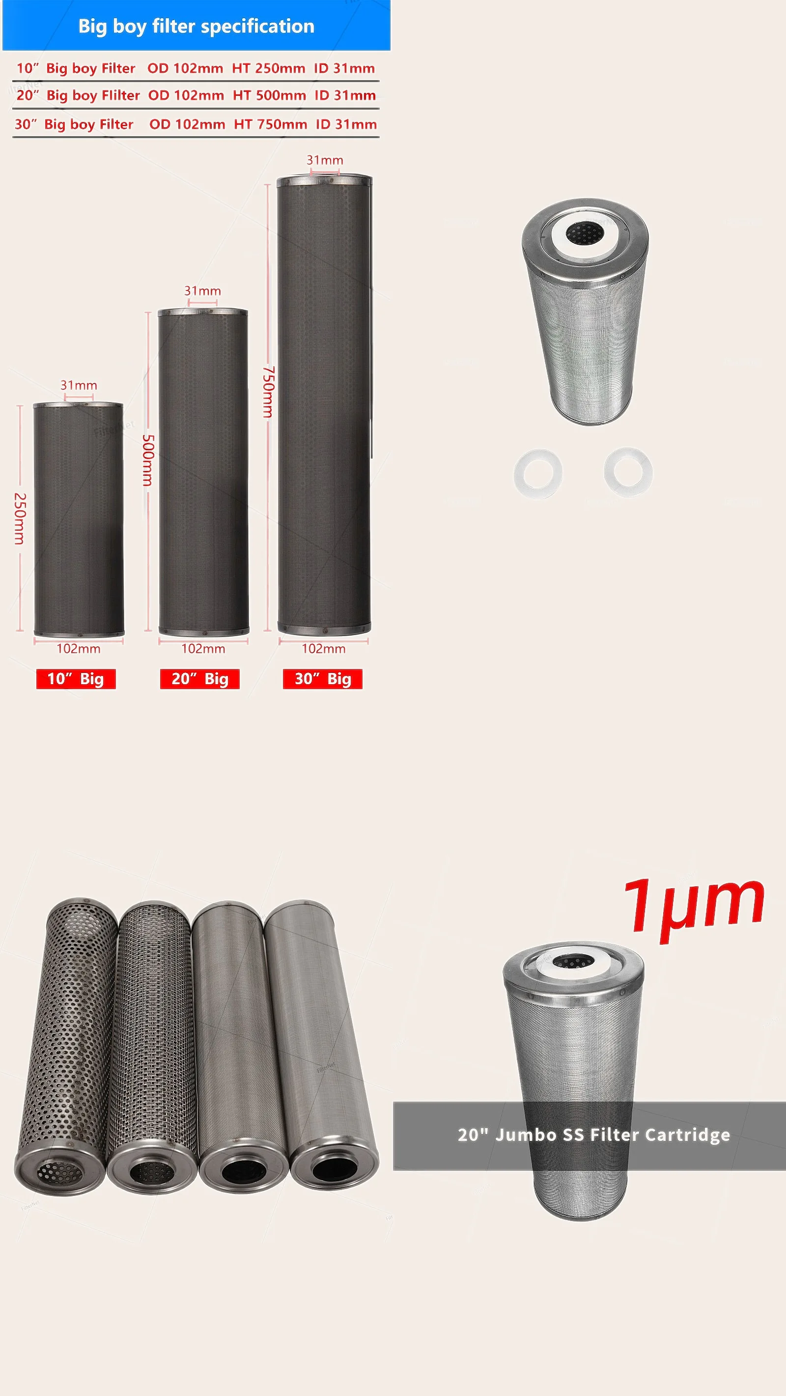 Фото Запчасти для фильтров для воды: картридж из нержавеющей стали Jumbo Standard 20x4.5 дюймов, 1-400 микрон №1