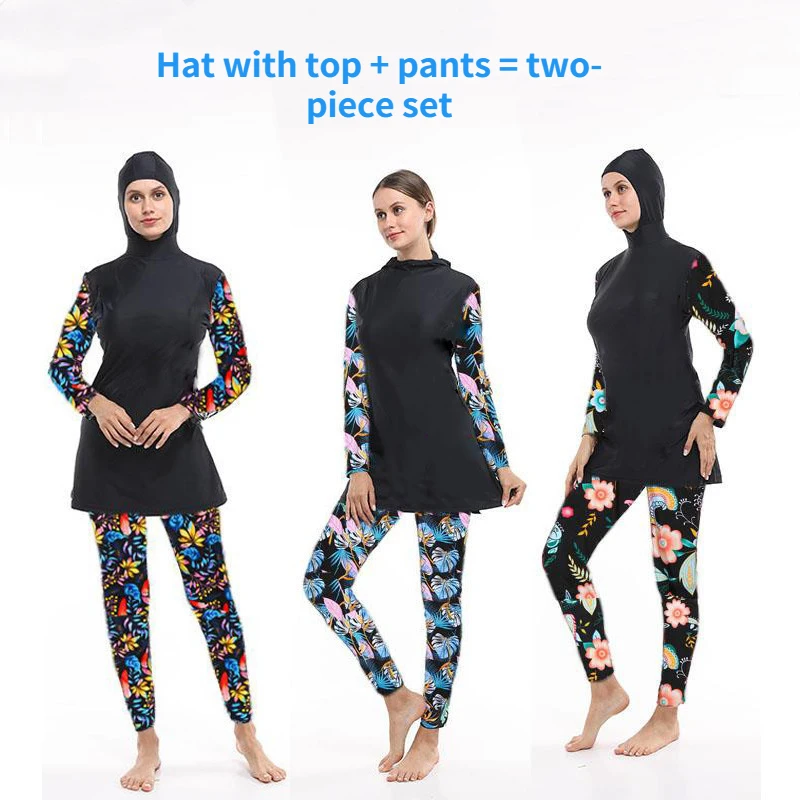 

2 Pcs/Set Islamic Print Leaf Flower Ladies Split Hooded Swimsuit Long Sleeve Pants Conservative Sun Cover Belly Muslim Swimwear