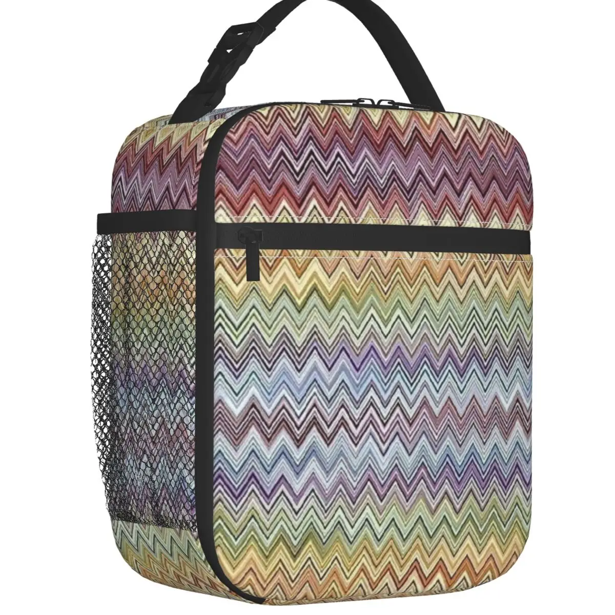 Boho Chic Modern Zigzag Insulated Lunch Bags Women Geometric Multicolor Portable Cooler Thermal Bento Box Outdoor Camping Travel