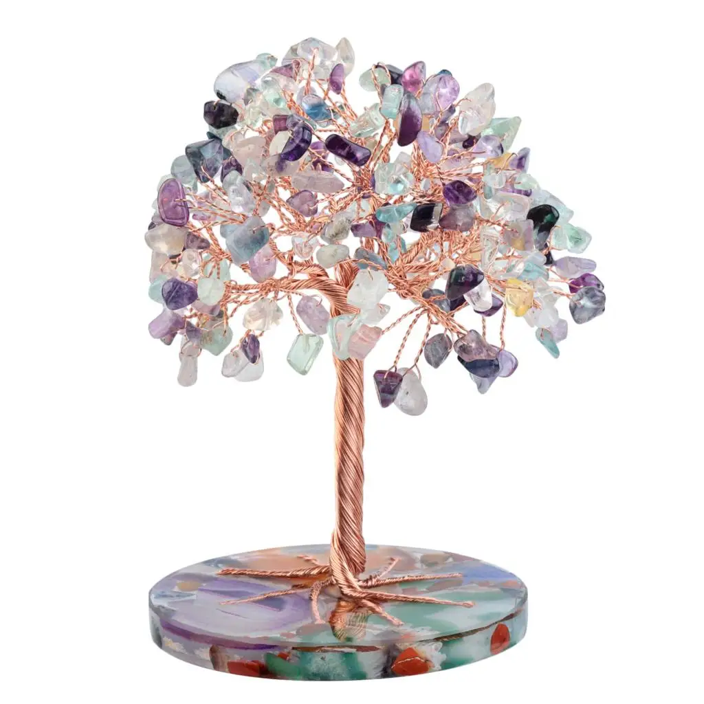 Natural Crystal Stone Money Tree With Agate Slice Base Bonsai Tree Feng Shui Decoration For Wealth And Luck Home Decor