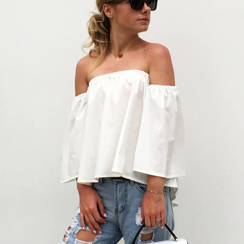 New Sexy Strapless White Blouses Women Off the Shoulder Loose Ladies Shirts Summer Black Tops Three Quarter Sleeve Blue T-Shirts