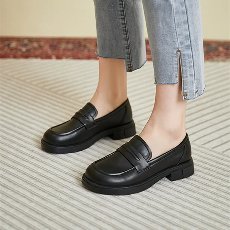 Genuine Leather Small Leather Shoes Women's Black Spring 2023 New British Style Versatile Casual Loafers Women's Single Shoes