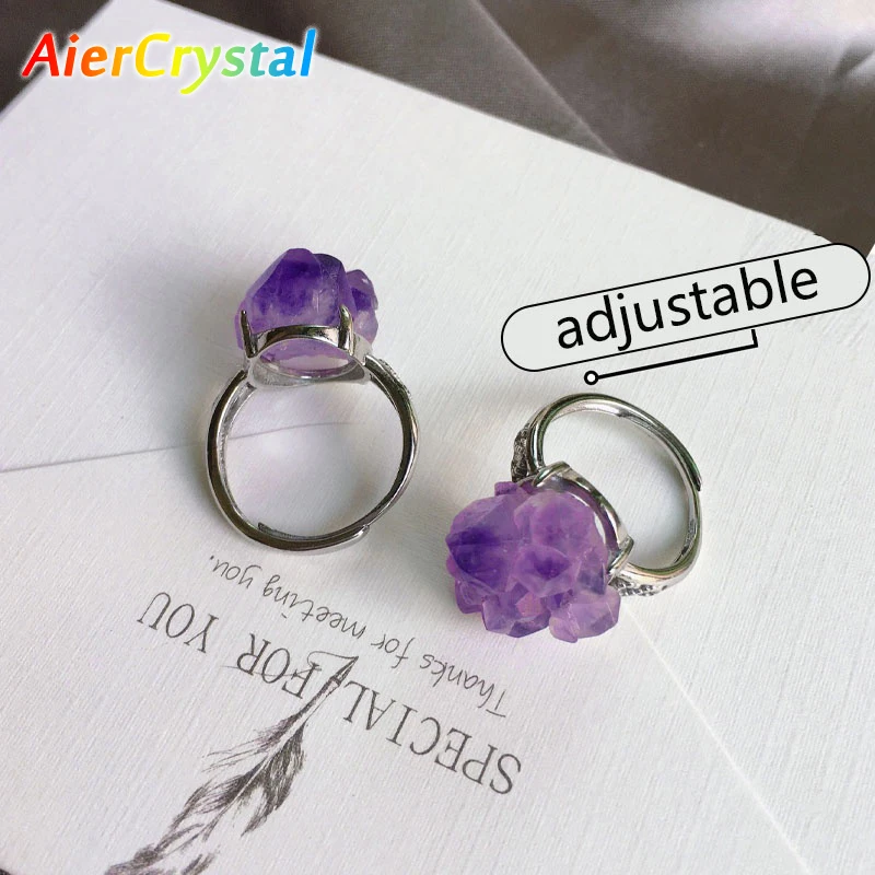 Natural Crystal Stone Fashion Ring Men Designer Reiki Healing Purple Fluorite Rough Amethyst Cluster Jewelry Chakra Ore Quartz