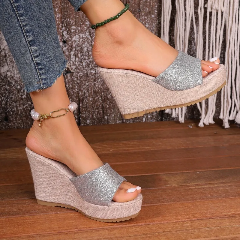 Шлепанцы женские на танкетке повседневные туфли высоком каблуке роскошные