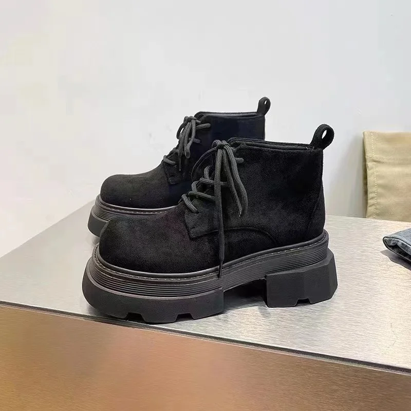 Flats Women's Boots Fall Boots Women's Round Lace Up Ankle Lolita Rock Ladies Retro Basic Solid Salad Women Boots Botas Mujer