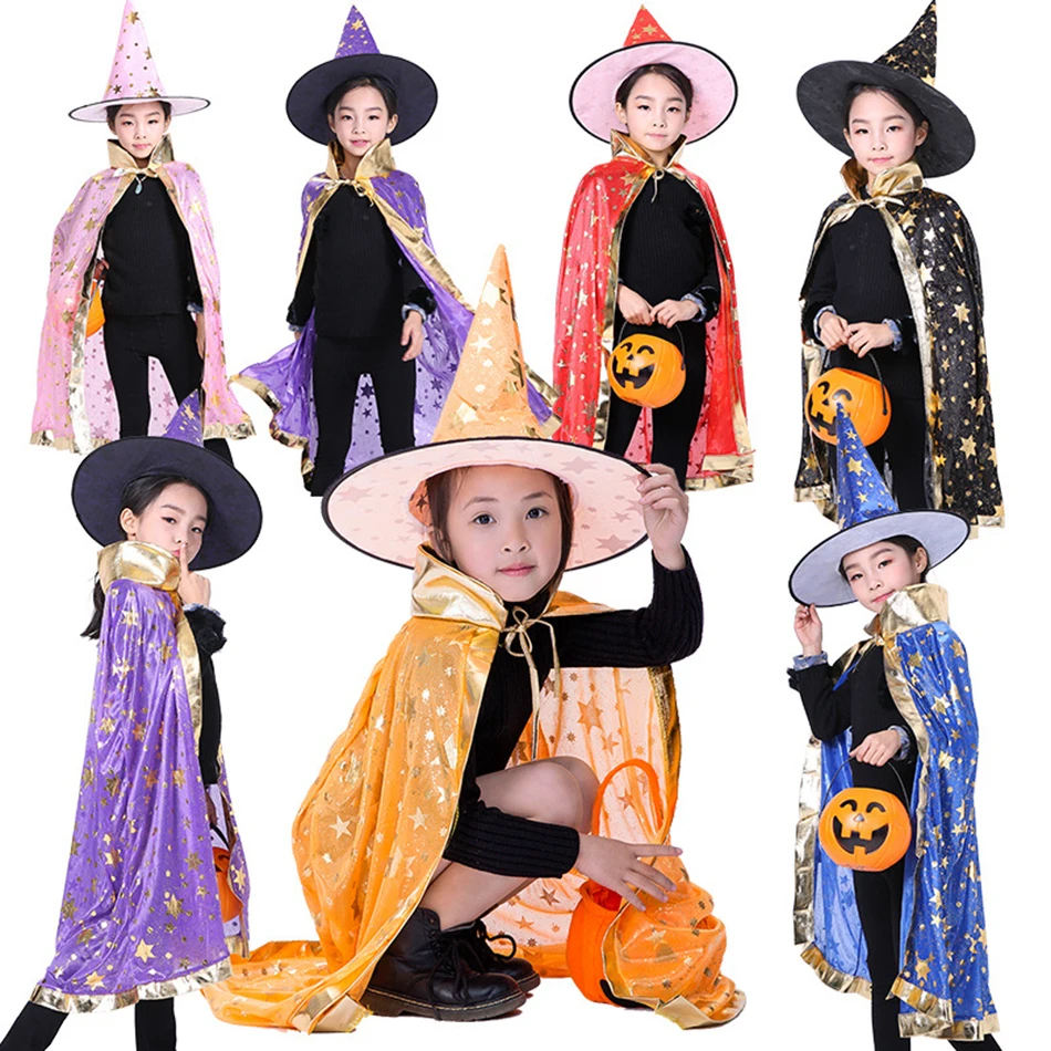

Накидка-ведьма на Хэллоуин, косплей, Магическая звезда, Бронзирующая накидка с шляпой, костюм ведьмы для представлений для детей, мальчиков ...