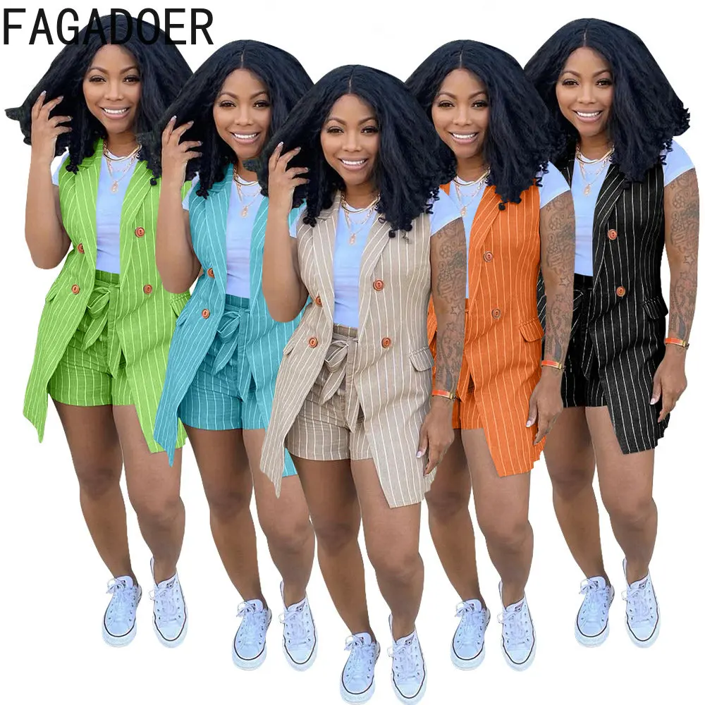 

FAGADOER Stripe Casual Two Piece Sets Womens Outifits Lady Office Street 2pcs Suits Sleeveless Long Blazer Coat+Shorts with Belt