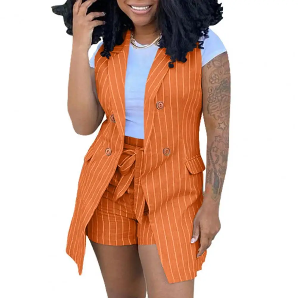 

Two Piece Shorts Set Women Suits Sleeveless Vest Stripe Print Waistcoat Jacket Summer Set Women's Shorts Sets
