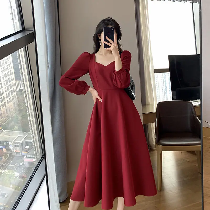 Elegant French Style Knee-Length Long Dress Urban Women Square Collar Solid Colors Ruffles Dresses Party Banquet Formal Clothing