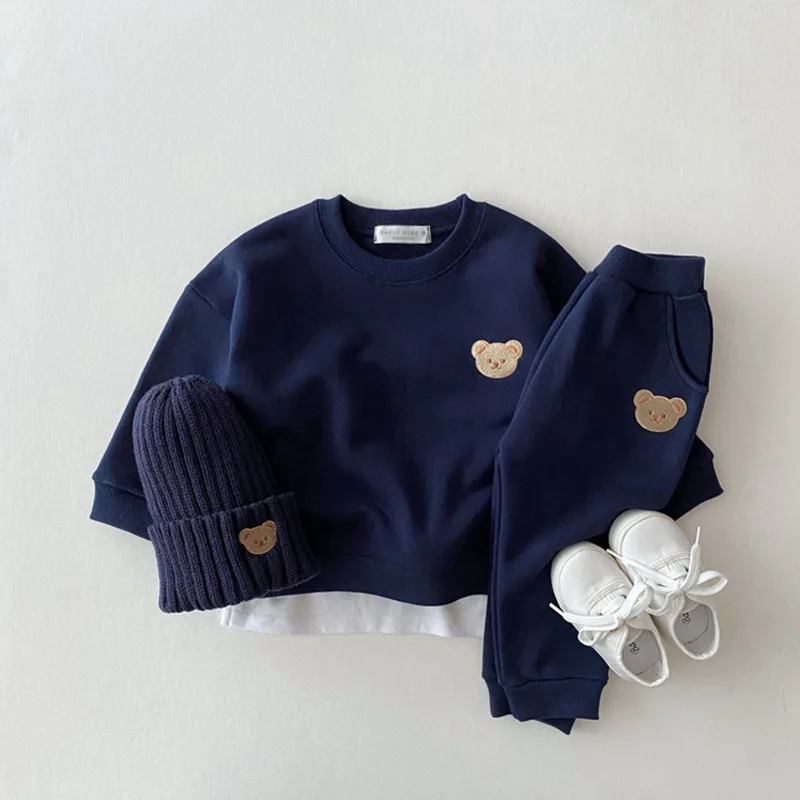 2PCS Newborn baby clothes 2022  boys and girls baby bear round neck sweater sports casual Set baby boys pure cotton clothes 0-5Y