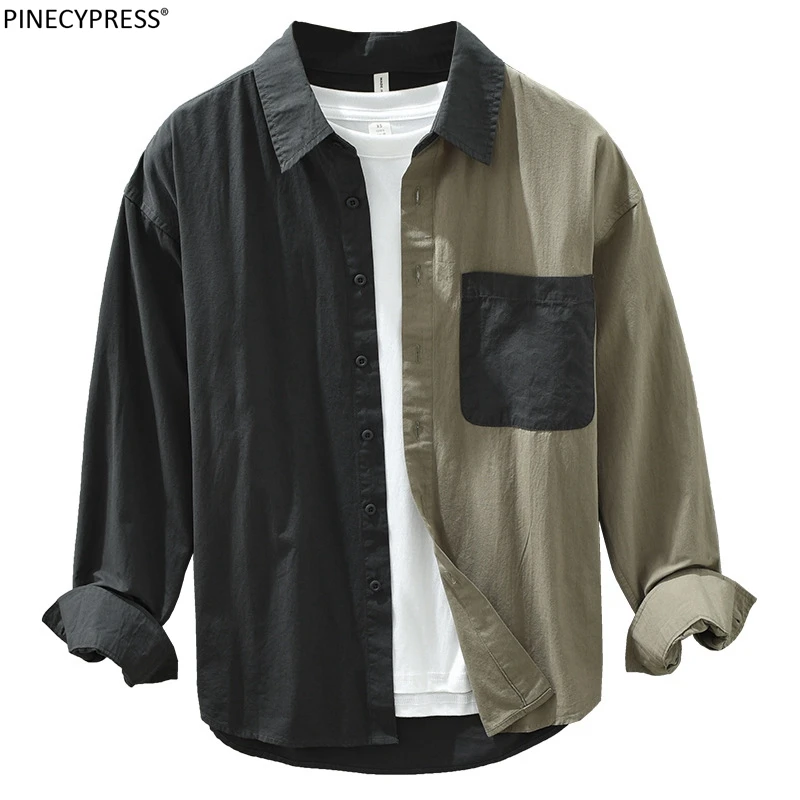 

100% Cotton Spring Autumn Soft Male Patchwork Top Single Breasted Long Sleeve Man Clothing Turn Down Collar Men Casual Shirts
