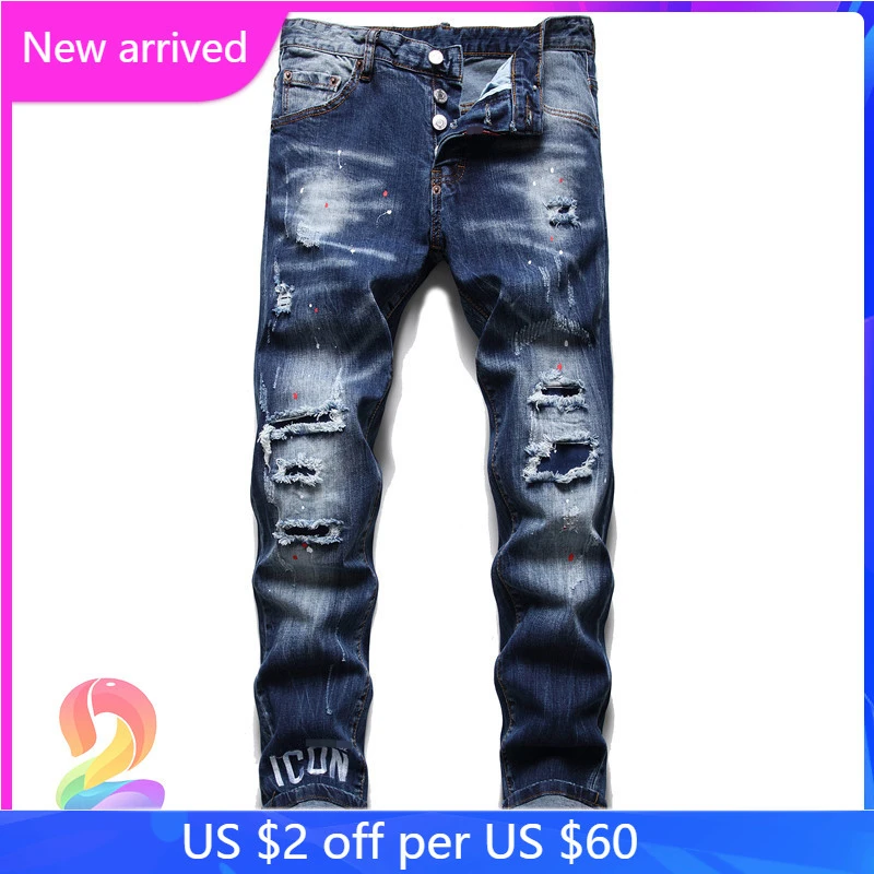 

DSQ2 Jeans High Quality Ripped Hole Heavy Craft Hand Painted Hip Hop Trousers Dsq2 Denim Pants