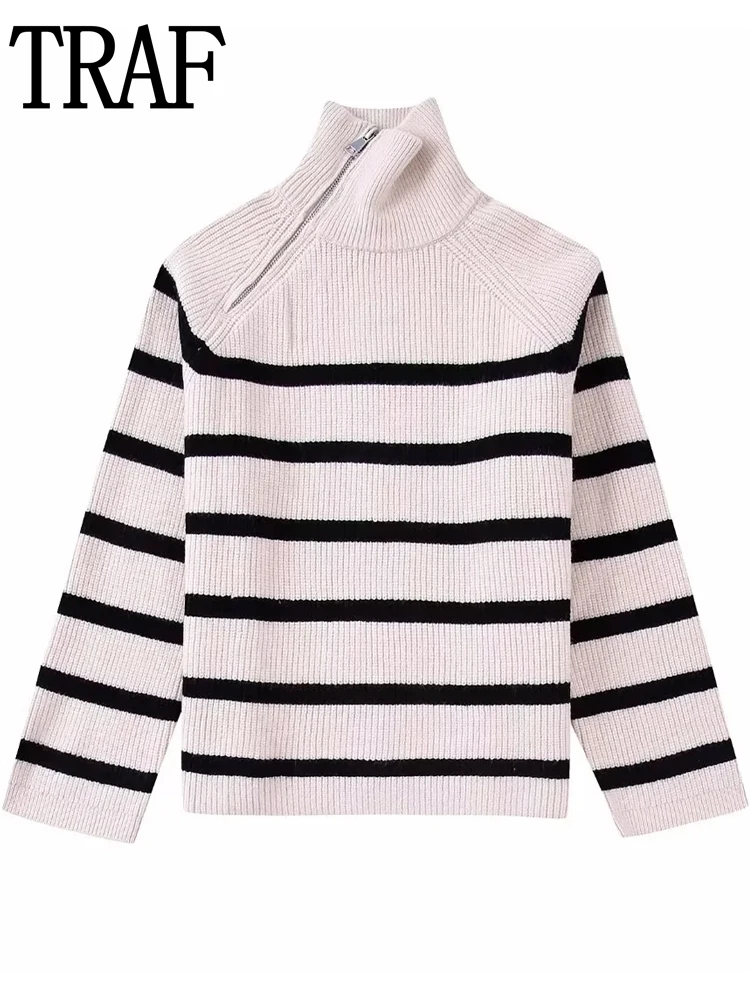 

TRAF Striped Knitted Sweater Women Turtleneck Pullover Long Sleeve Crop Knit Woman Jumper Streetwear Zip Winter Women's Jersey