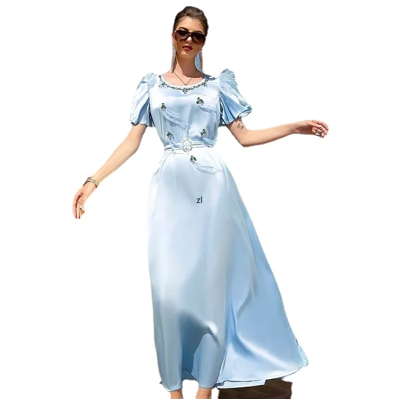 

Satin Maxi Dress for Women Light Blue Hand Sewn Diamond Feather O Neck Ruffle Sleeve Belted Swing Summer Clothes 2022