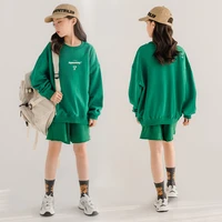 young children shorts clothing set autumn green sweatshirt tracksuit for girls letter print casual sport two pieces kids outfits