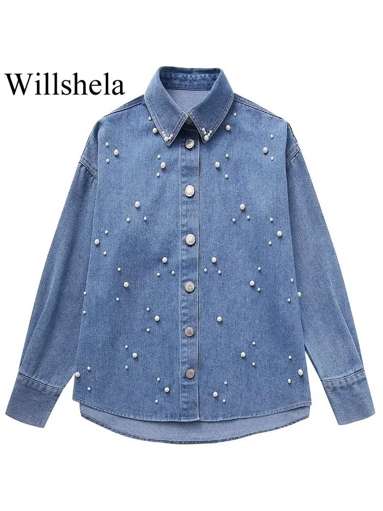 

Willshela Women Fashion With Faux Pearl Denim Blue Single Breasted Blouse Vintage Lapel Neck Long Sleeve Female Chic Lady Shirts