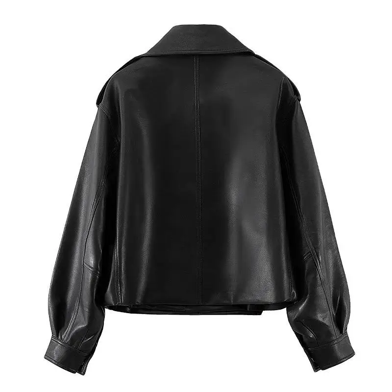 2022 Simulated Leather Female Short Paragraph Spring and Autumn Korean Version of the Locomotive High Waist Loose Leather Jacket enlarge