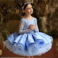scoop blue a line full sleeve sequin flower girl dresses child wedding dress 2022 new summer satin baby christmas dress organza