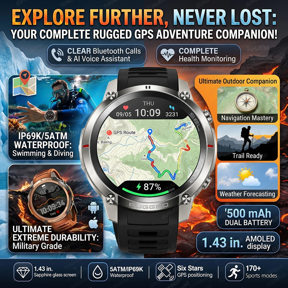 Фото Новые смарт-часы TANK Ultra GPS 2026 с офлайн-картами, компасом, альтиметром, спортивные часы с пульсометром, водонепроницаемость 50M/ATM, фитнес-браслет №1