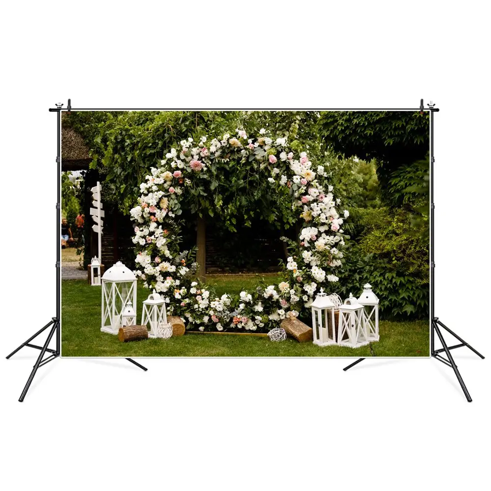 

Flowers Annulus Wedding Photography Backgrounds Trees Grass Wooden Pole Decor Party Ceremony Portrait Photographic Backdrops