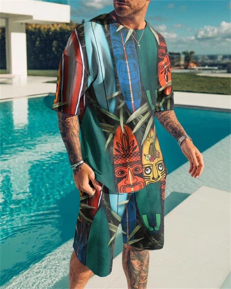 

2022 New Summer Man Sets Sportswear Men's Suit Casual Beach Shorts Suit O-neck Oversized Set Men 2-Piece Tracksuit Shirt Top