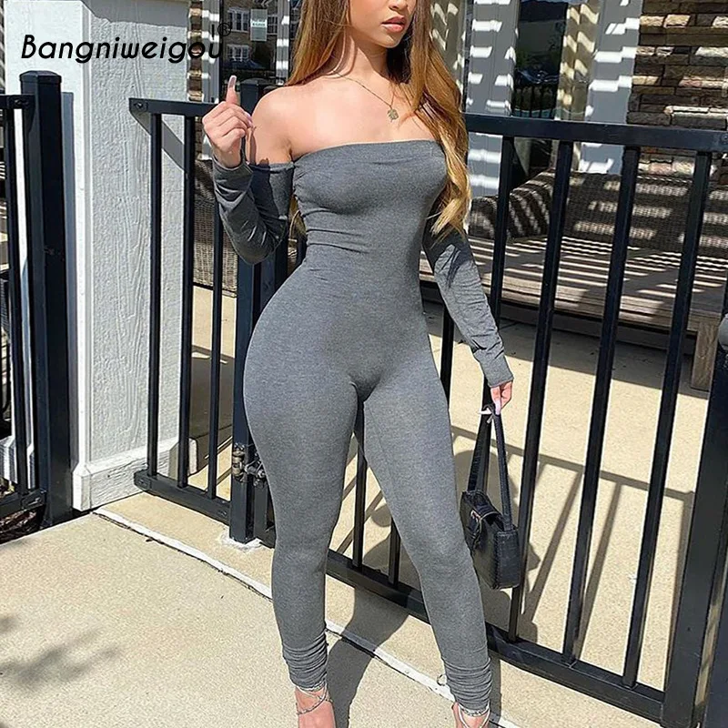 

Bangniweigou Long Sleeve Off Shoulder Solid Jumpsuit Women Bodycon Acitve One Piece Jumpsuits Autumn Outfit
