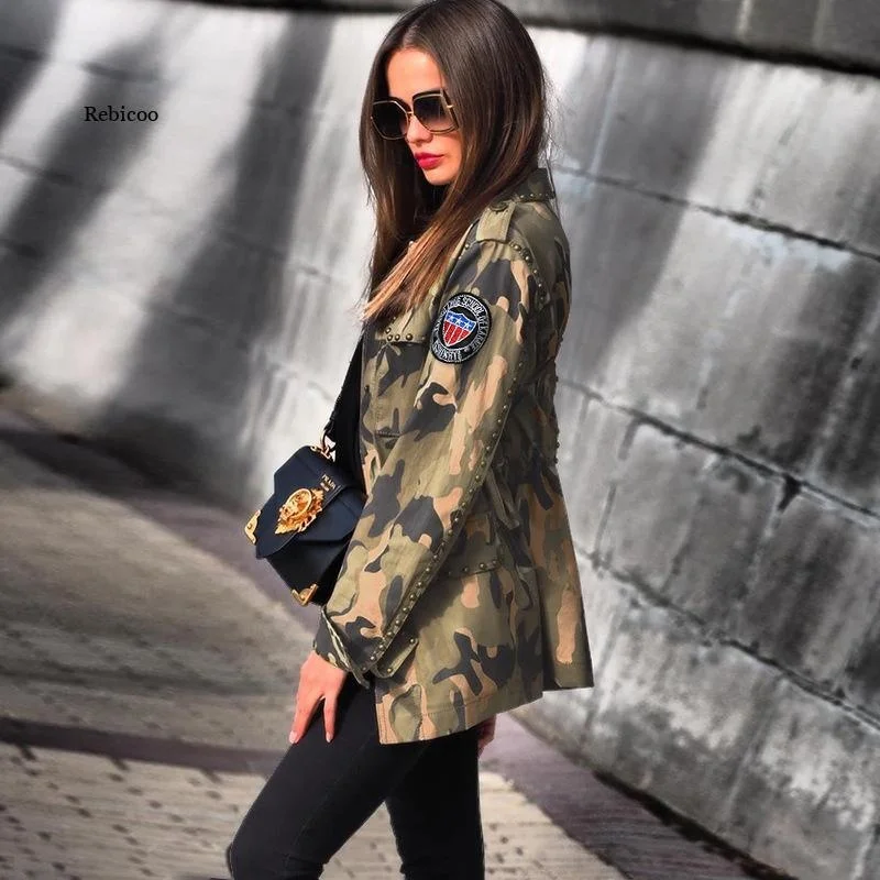 

Spring Clothes for Women Rivet Patch Coat Drawing Slim Streetwear Camouflage Long Sleeve Jacket Wholesale