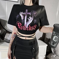 women sexy short sleeve t shirt summer crop tops casual bodycon gothic streetwear cross print exposed navel t shirt