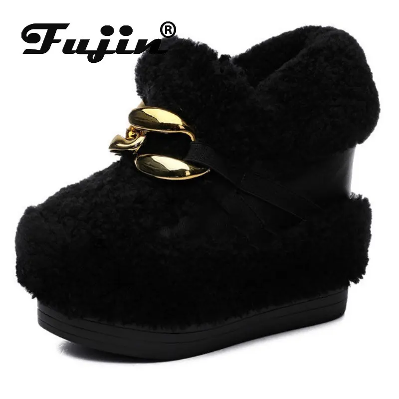 

Fujin 12cm Synthetic Platform Wedge Fur Autumn Winter Plush Warm Ankle Booties Super High Elegant Fashion Ladies Luxury Shoes