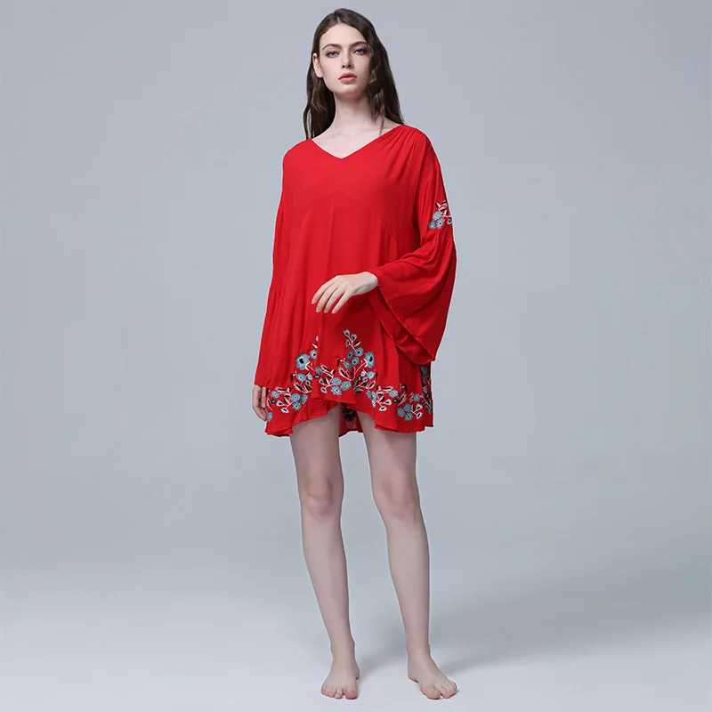 

Женское платье в этническом стиле, свободное пляжное платье с цветочной вышивкой и V-образным вырезом, лето 2018