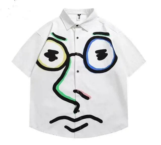 Graffiti Print Half-Sleeved Shirts Men's Summer Loose Japanese Tide Brand Shirt Casual Five-Point Sleeve Shirt