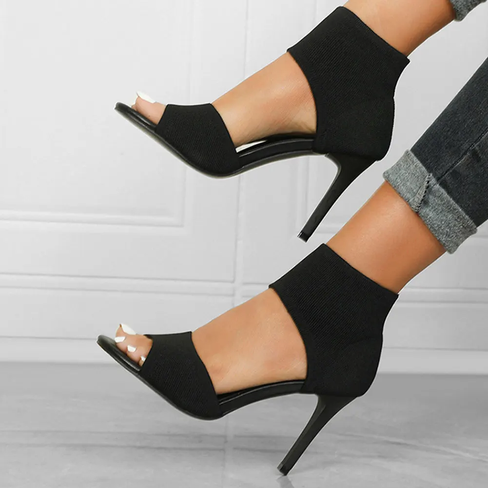 2023 For Dropship In Stock Summer Women's Sexy Thin High Heels Peep Toe Elegant Knitting Ankle Wrapped Sandals Shoes Black