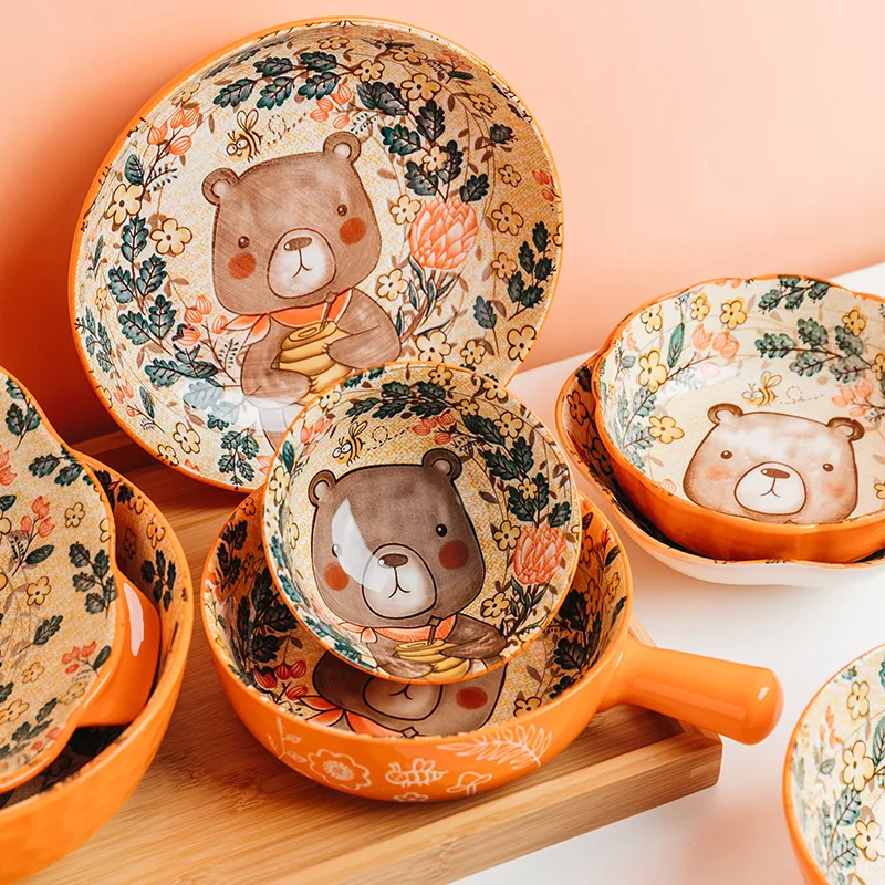 

Cartoon ceramic bowl Breakfast salad bowl Roast rice bowl Ramen bowl Single-handle ceramic bowl Creative forest animal bowl