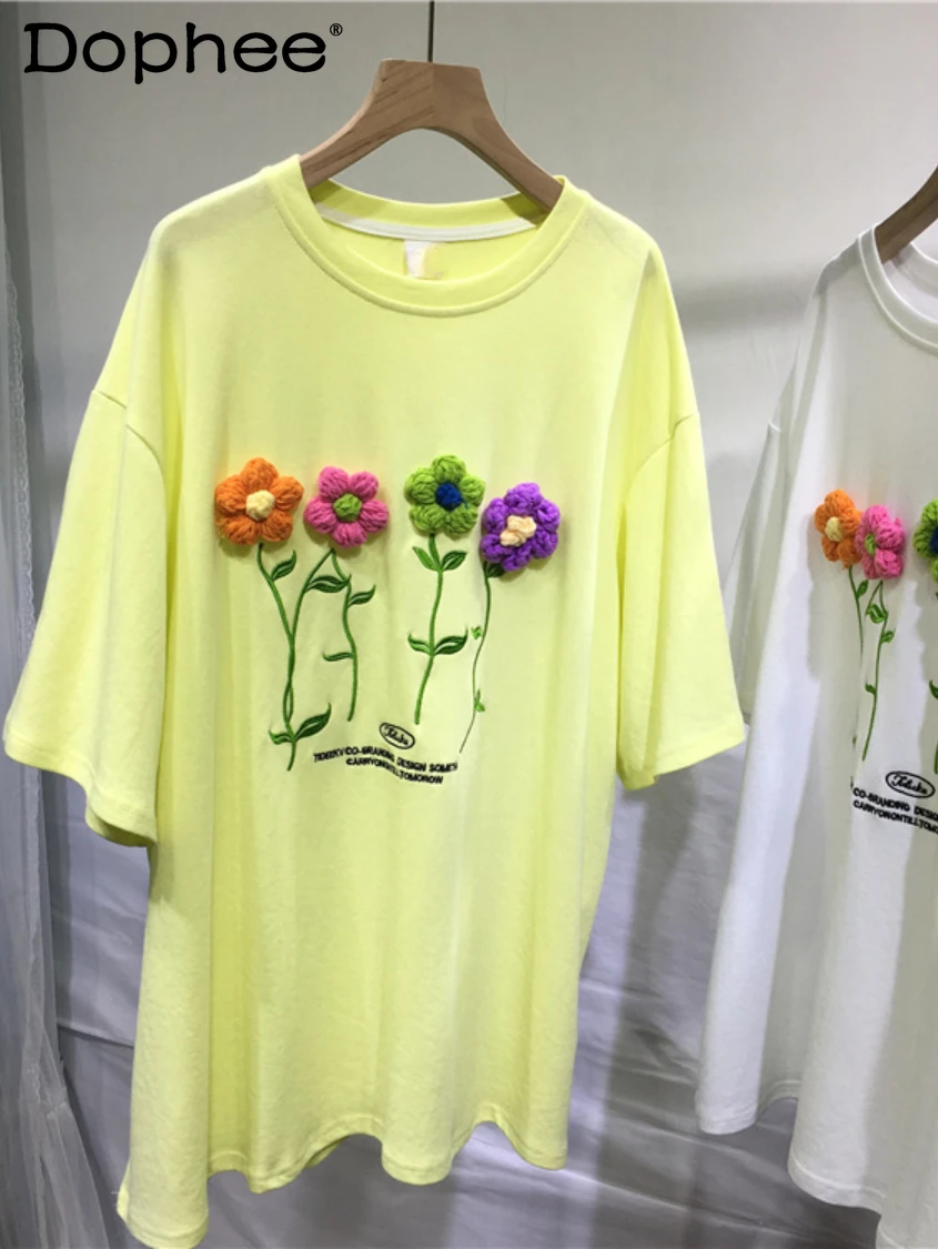 

Korean Fashion Sweet Handmade Crochet Cotton T-shirt Top Women Loose Casual Oversized Short Sleeve Tees Summer Graphic T Shirts