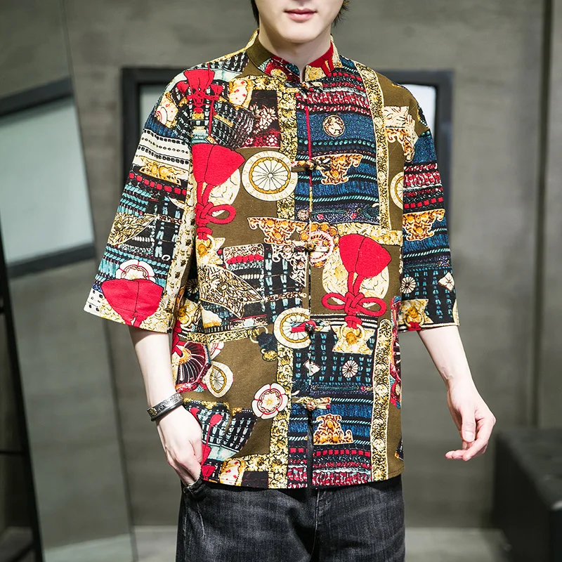 Летний топ с вышивкой и принтом Мужские Винтажные льняные рубашки в традиционном