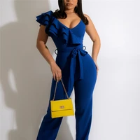 2022 women fashion jumpsuit non sleeve solid color ruffle bow tie patchwork high waist western style sexy ladies jumpsuit
