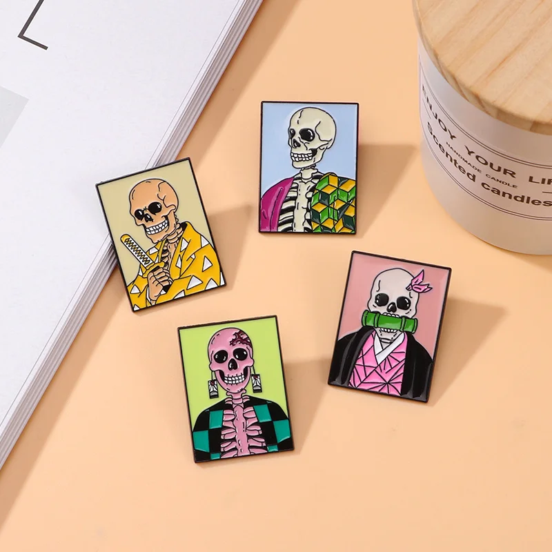 Синистер Скелет Воин Тема Шпильки Красочный Череп Эмалированные Броши Дешевые