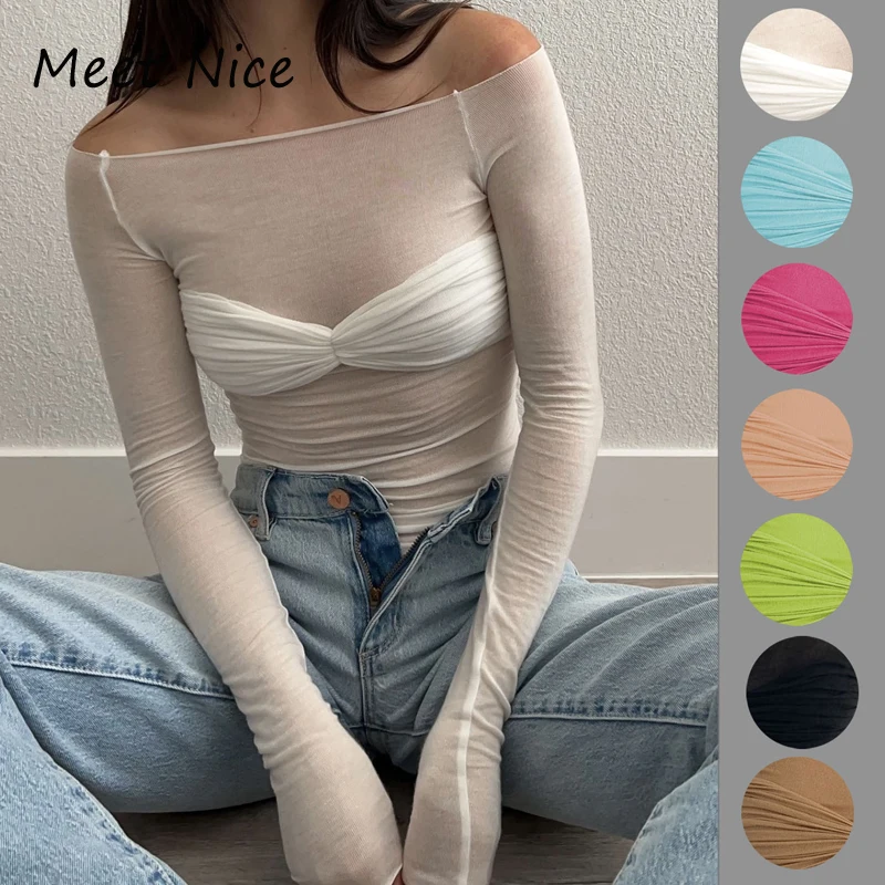 

Элегантные Топы с длинным рукавом и открытыми плечами для женщин, соблазнительная вязаная Клубная Однотонная футболка с рюшами, женская од...