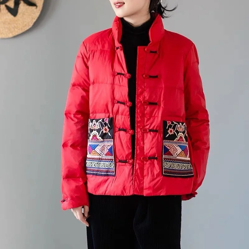 

Winter Down Coat Women Vintage Warm Short Embroidery Jacket Autumn Fashion Casual Slim Basic Female Chinese Style Parkas Outwear