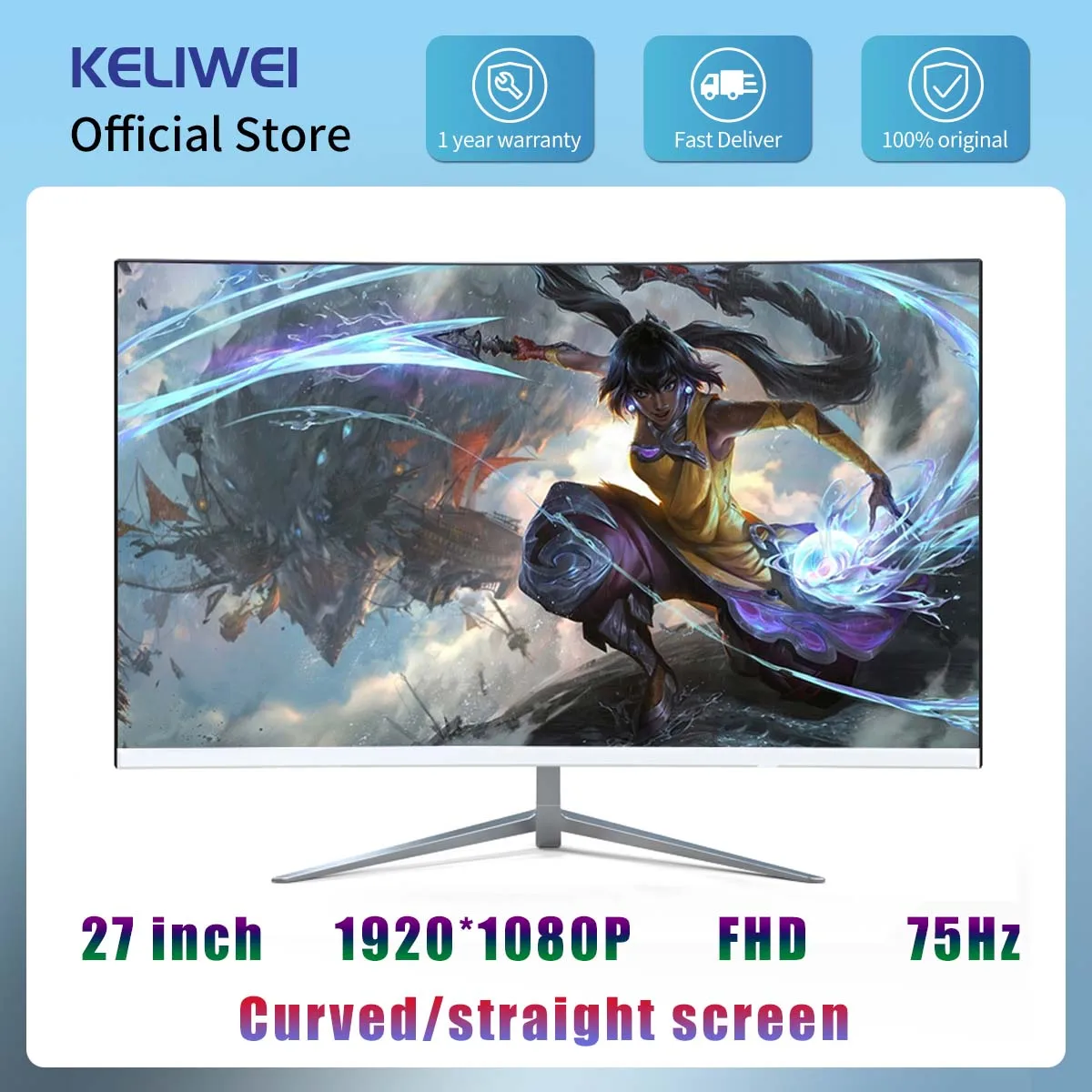 

KELIWEI 27 Inch Curved Monitor 75Hz Desktop PC 2ms FHD Display Gaming IPS Panel Screen Computer LED 1080P HDMI-compatib/VGA